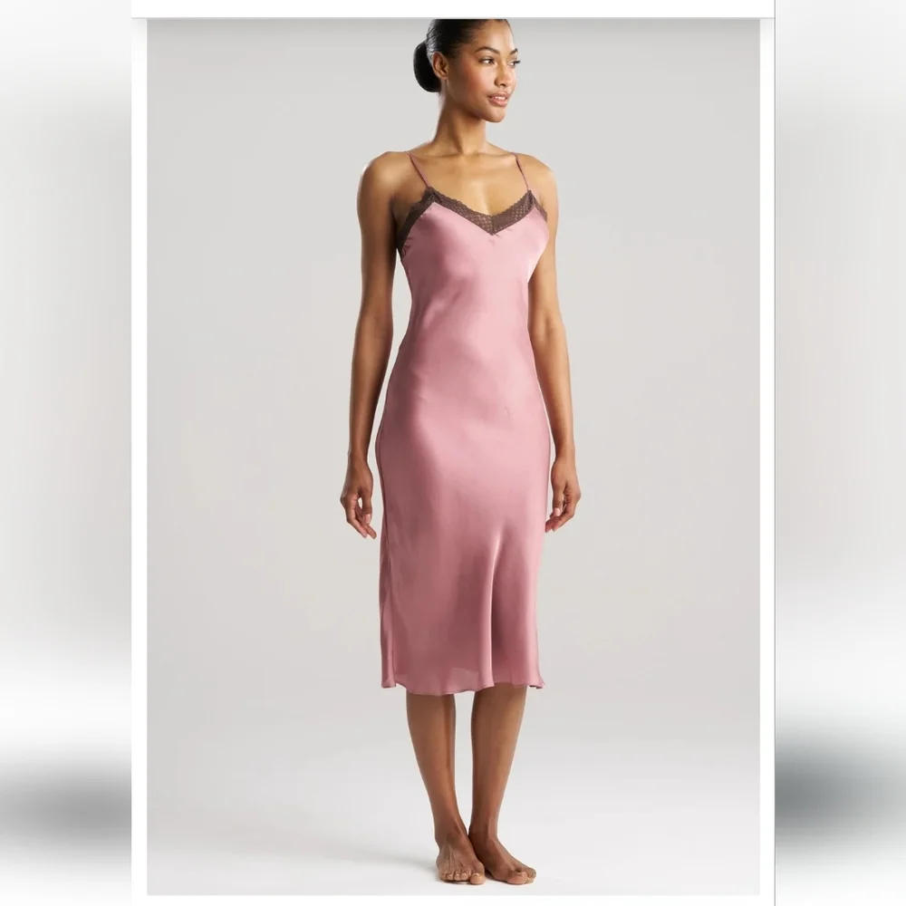 NATORI EDIT ASHLEY ICON LACE SLIP MIDI DRESS IN TEA PINK SSIZE LARGE - Picture 2 of 10